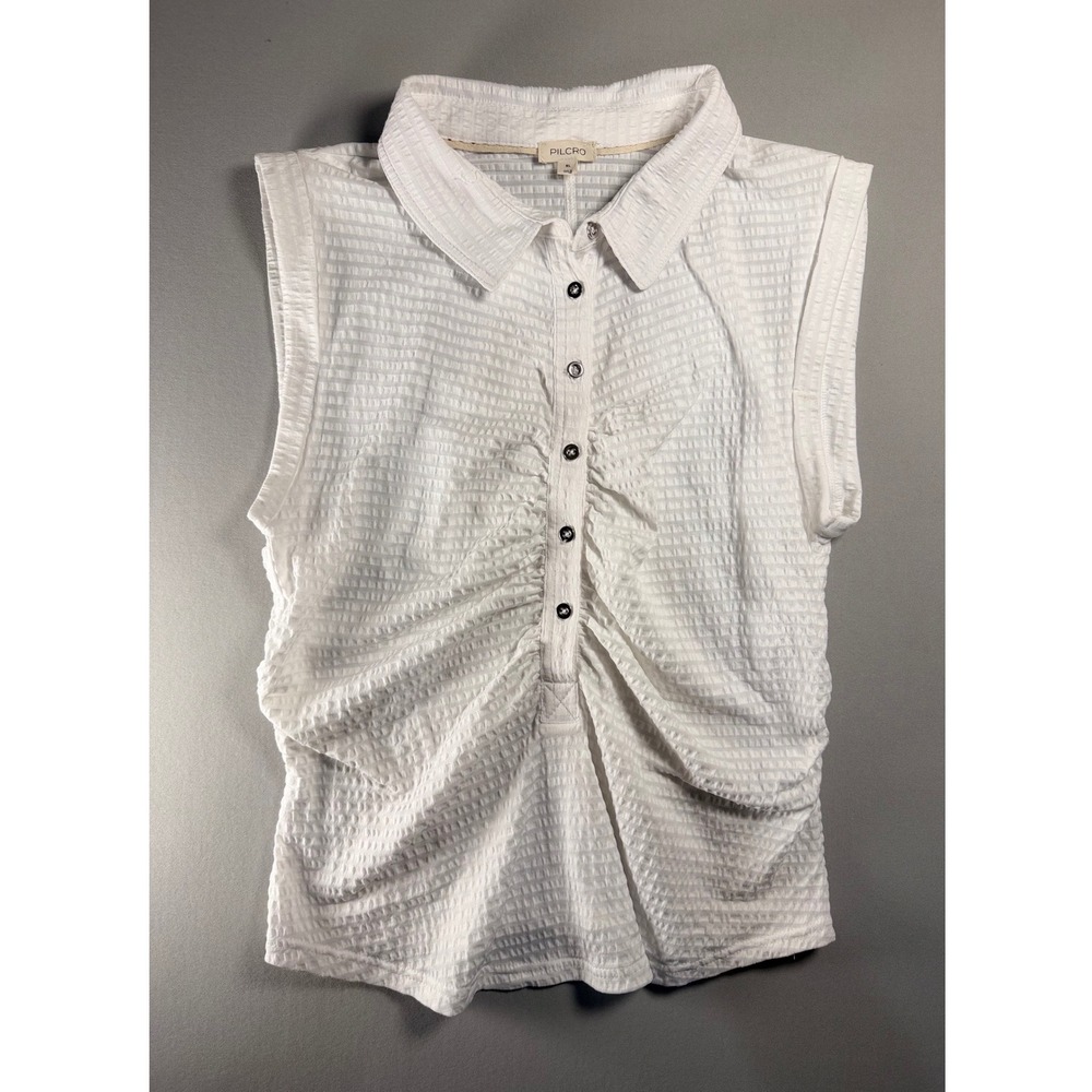 Anthropologie Pilcro White Textured Ruched Polo Tank Top XL